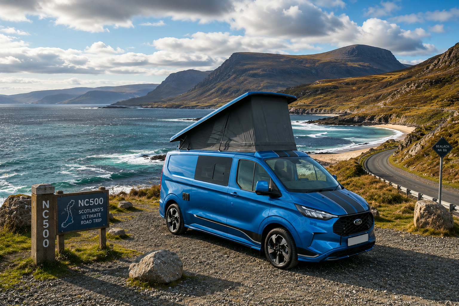 Imagined scene of the van on the NC500 in Scotland