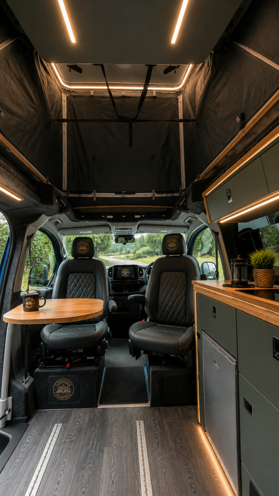 Both cab seats swivelled round the oak table under the pop-top, LoraLee stitched into the headrests