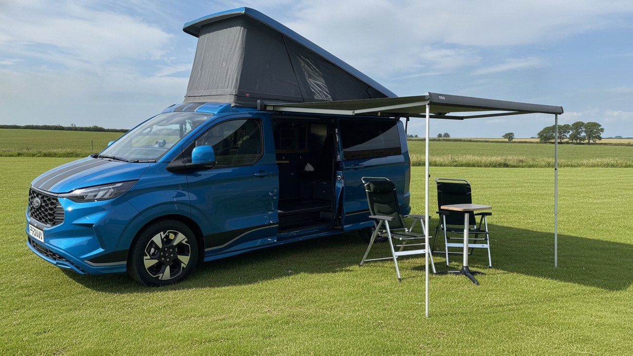 Awning out with chairs and a table set up on the moors in golden light