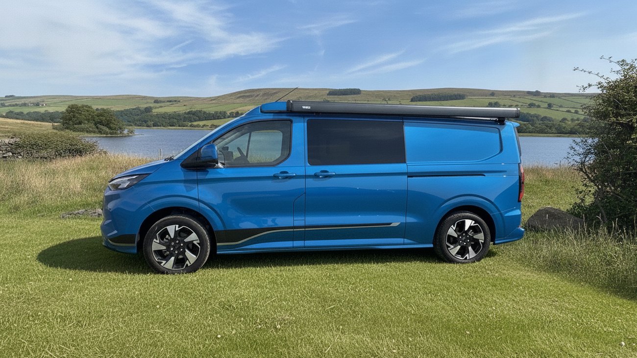 The van side-on at the lakeside with fells behind