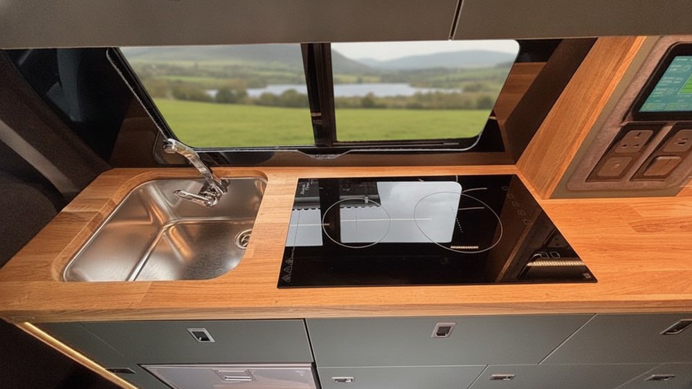 Oak worktop kitchen with induction hob and a countryside view from the window